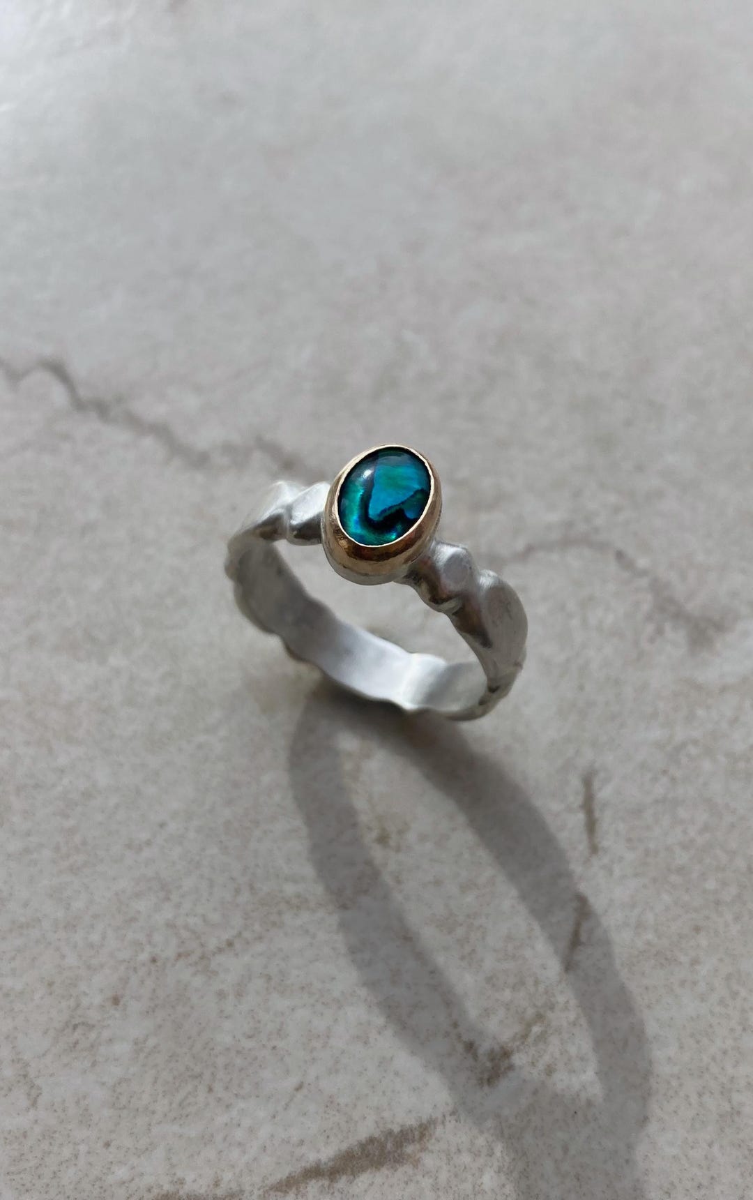 Handcrafted Mixed Metal Ring: Paua Shell, Sterling Silver, 14K Gold ...