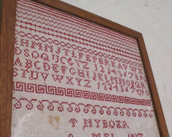 Antique framed, authentic Alphabet sampler, Dutch, 1917, redwork.