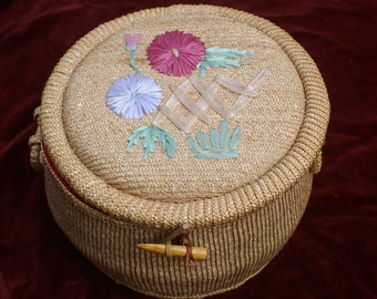 cute round vintage woven wicker basket, sewing basket