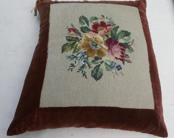 Vintage handembroidered pillow, petit point flowers, needleworkwild roses