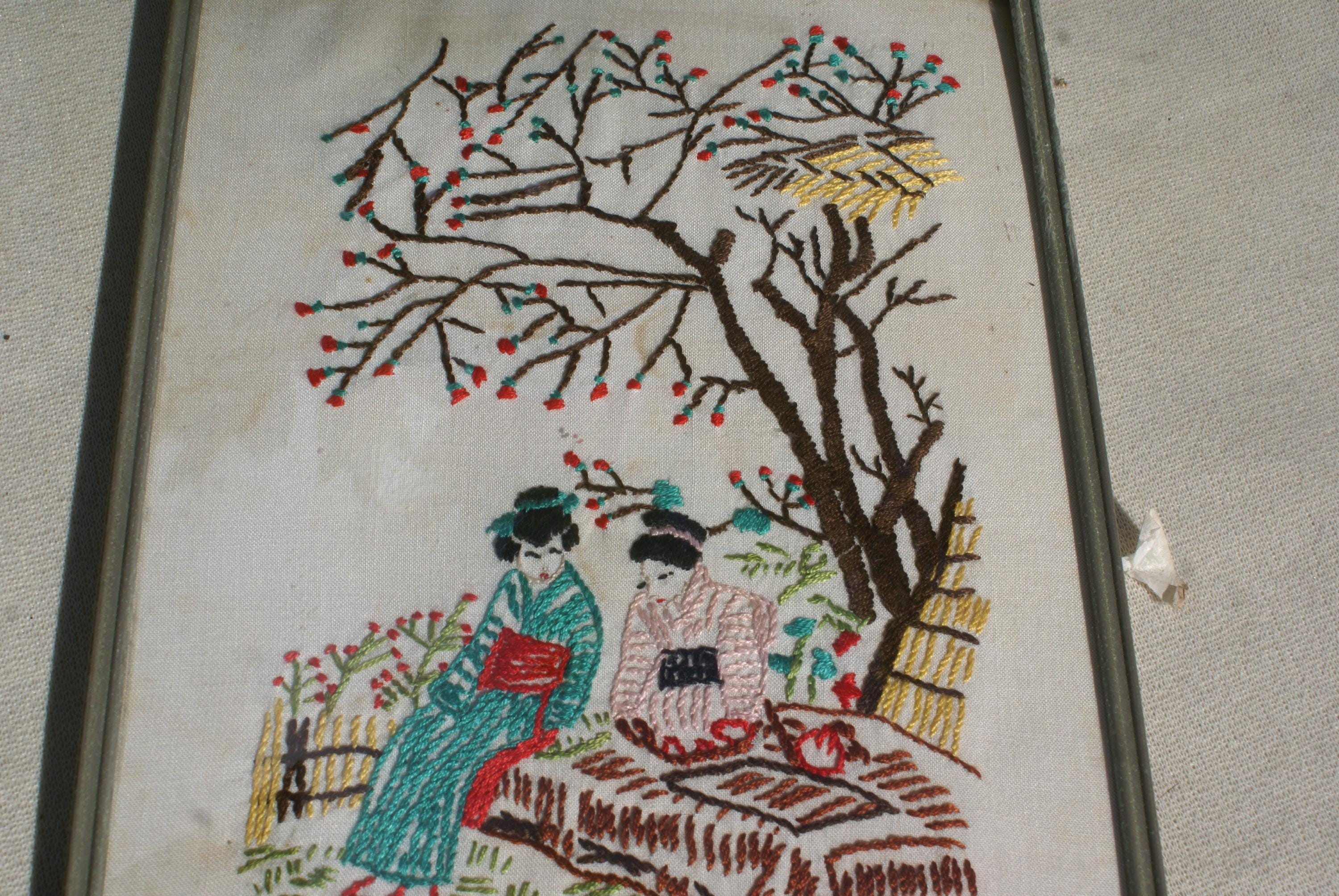 Intricating Domed Glass Frame With Japanese Crewel Work, Geisha ...