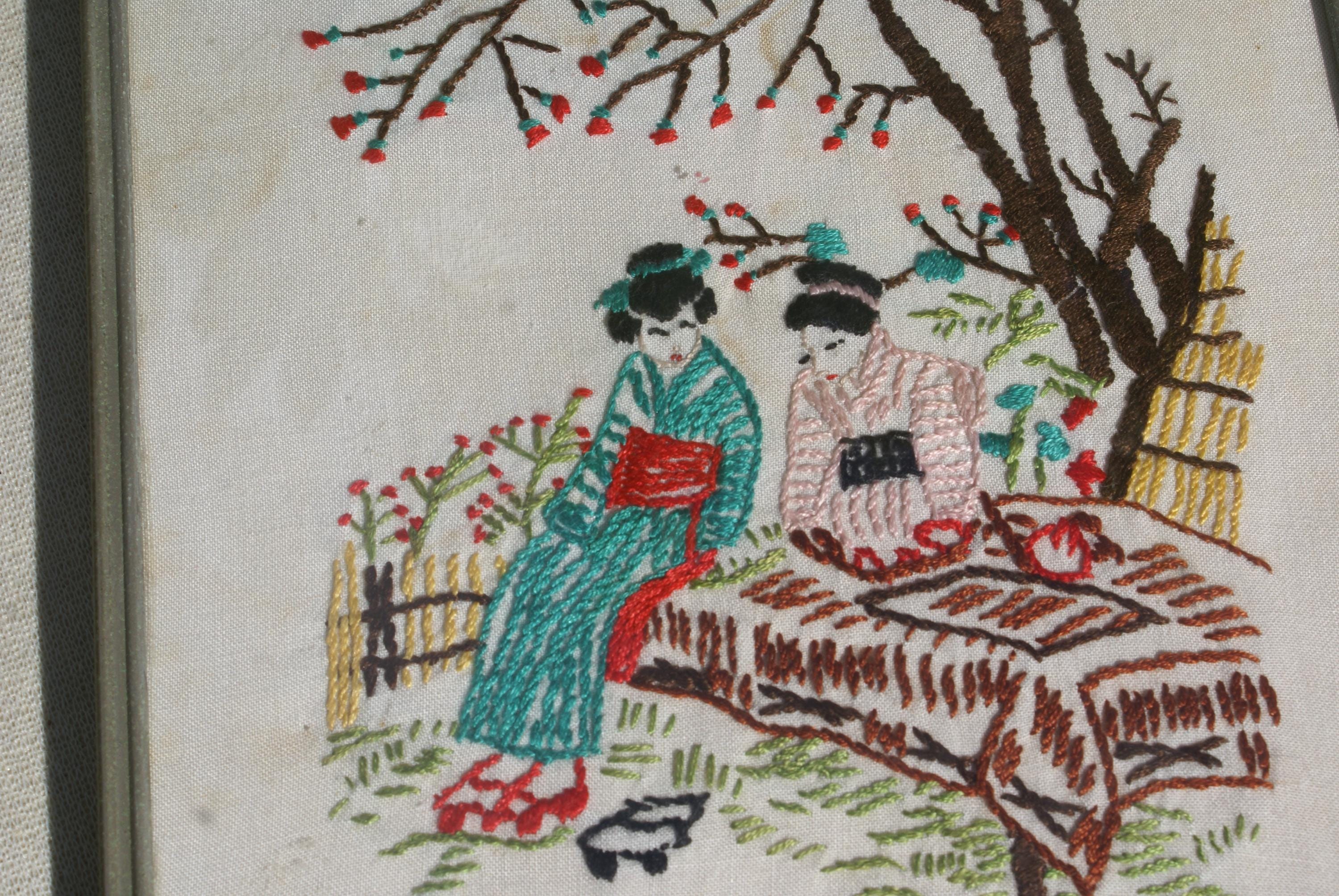 Intricating Domed Glass Frame With Japanese Crewel Work, Geisha ...