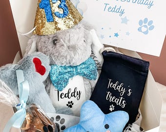 Personalised Dog Birthday Gift Hamper: Bunny Toy, Treat Cone & Blue Accessories, Custom Dog Present