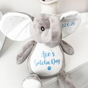 Plush personalised elephant dog toy for gotcha day gift, personalised with the dog's name and text underneath 'gotcha day' with the gotcha date personalised on the elephant's ear. Custom new puppy gift.