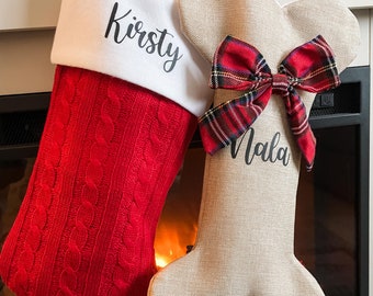 Personalised Christmas Stocking: Dog Bone Style, Knitted Design, Matching Family Christmas Stockings