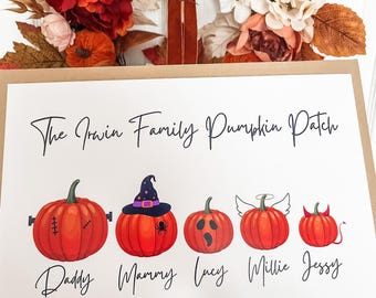 Personalised Family Pumpkin Patch Print: Custom Halloween Illustration, Autumn Wall Art Keepsake Gift