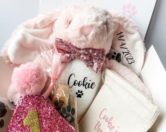 Personalised Dog Birthday Gift Hamper: Bunny Toy, Treat Cone & Pink Accessories, Custom Dog Present