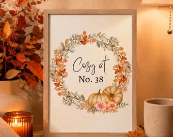 Personalised Autumn House Number Print: Custom Fall Home Decor, Autumn Wreath Wall Art