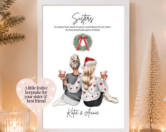 Personalised Christmas Sisters Print: Custom Illustration Gift for Sister, Big Little Sibling Festive Keepsake