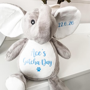 Plush personalised dog toy for adoption gift, custom personalised elephant toy for new puppies and dogs. Custom text options available to celebrate a new puppy.