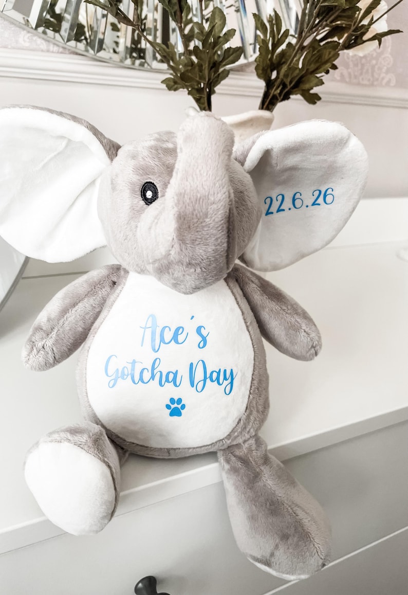 Plush personalised dog toy for adoption gift, custom personalised elephant toy for new puppies and dogs. Custom text options available to celebrate a new puppy.