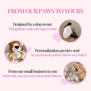 Why shop with us image showing personalised plush dog toys for their gotcha/adoption day, personalisation preview sent and a small UK dog owner led business.