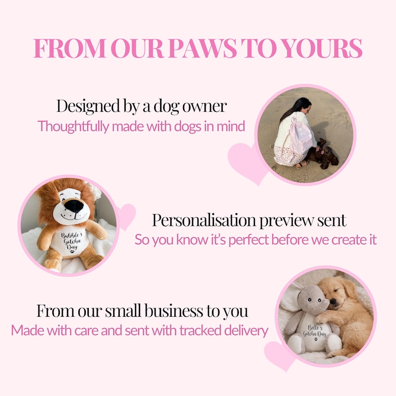 Why shop with us image showing personalised plush dog toys for their gotcha/adoption day, personalisation preview sent and a small UK dog owner led business.