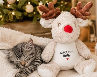 Personalised Christmas Reindeer Cat Toy: Custom Kitten Plush, Soft Pet Stocking Filler Gift