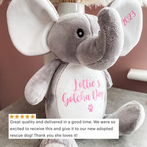 Customer review of personalised dog gotcha day plush toy showing name and date.