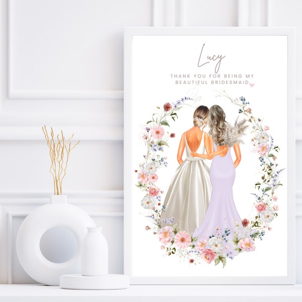 Bridesmaid Print, Personalised Bridesmaid Gift, Thank You Bridesmaid, Wedding Print, Maid of Honour Gift, Wedding Keepsake, Bride Print