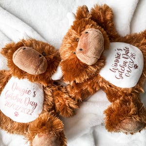 Personalised dog gotcha day plush toy in highland cow design with dog's name and gotcha day date, new dog gift.