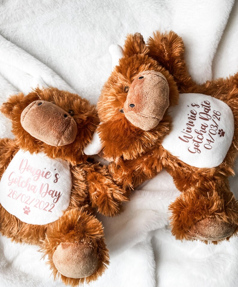 Personalised dog gotcha day plush toy in highland cow design with dog's name and gotcha day date, new dog gift.
