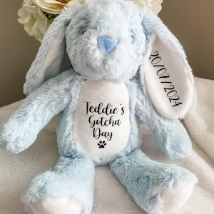 Custom dog adoption toy personalised with name and gotcha day date, new dog mum gift.