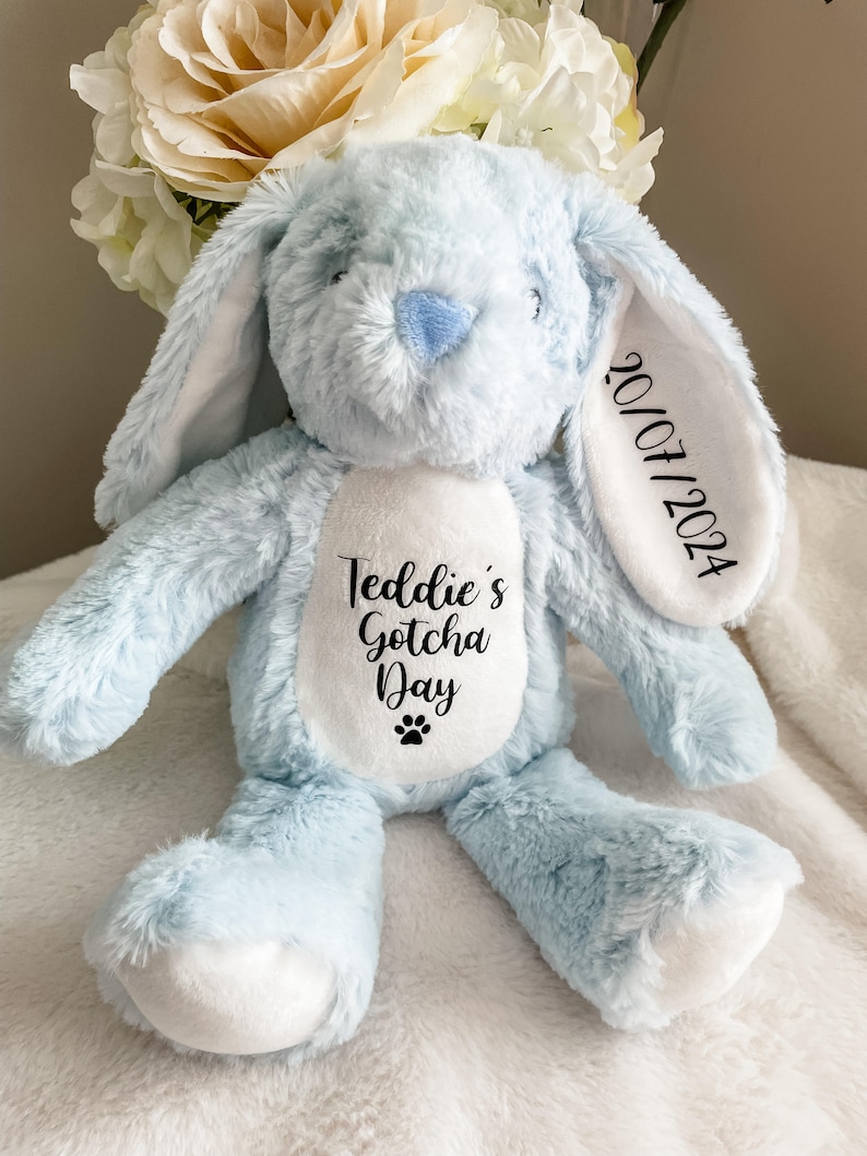 Custom dog adoption toy personalised with name and gotcha day date, new dog mum gift.