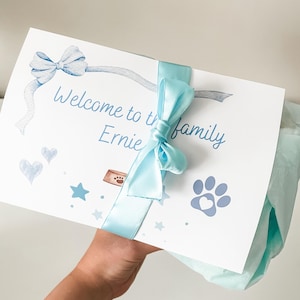 Personalised dog toy gift wrapping option, item wrapped in tissue paper with gift card and satin bow wrapped around to finish, instructions on how to add gift wrap at checkout, customisable gift wrap colours available, dog gotcha day gift.