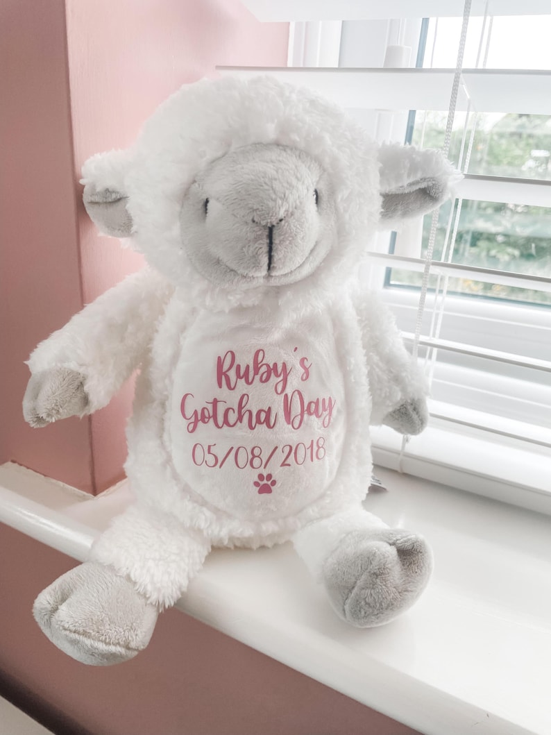 Plush personalised dog toy for gotcha day gift, styled in a home setting, new puppy toy.
