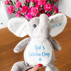 Personalised dog gotcha day gift, new puppy gift, a gift for a dog mum, personalised plush elephant toy for dogs.
