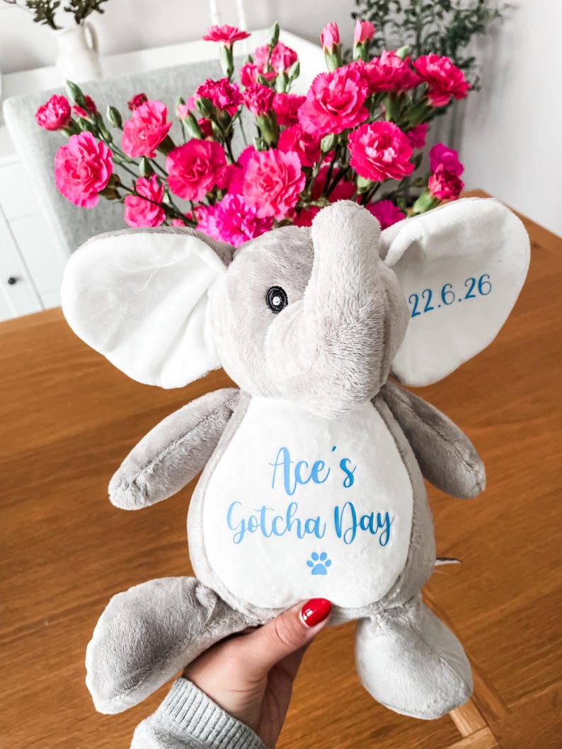 Personalised dog gotcha day gift, new puppy gift, a gift for a dog mum, personalised plush elephant toy for dogs.