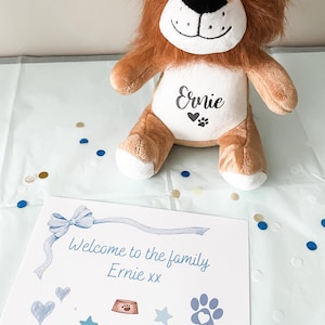 Personalised gotcha day lion dog toy gift wrapped with gift message card, custom dog gift, rescue dog present, personalised puppy toy.
