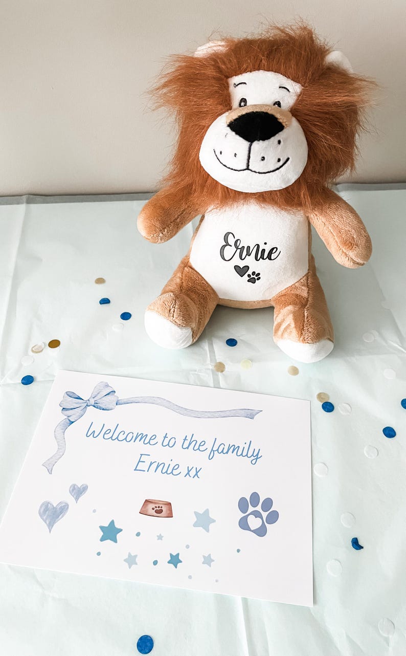Personalised gotcha day lion dog toy gift wrapped with gift message card, custom dog gift, rescue dog present, personalised puppy toy.