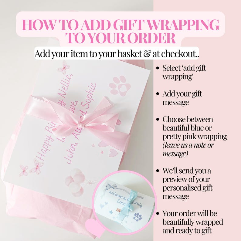 Personalised dog toy gift wrapping option, item wrapped in tissue paper with gift card and satin bow wrapped around to finish, instructions on how to add gift wrap at checkout, customisable gift wrap colours available, dog gotcha day gift.