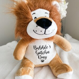Plush personalised dog toy for gotcha day gift, styled in a cosy home setting, dog birthday gift.