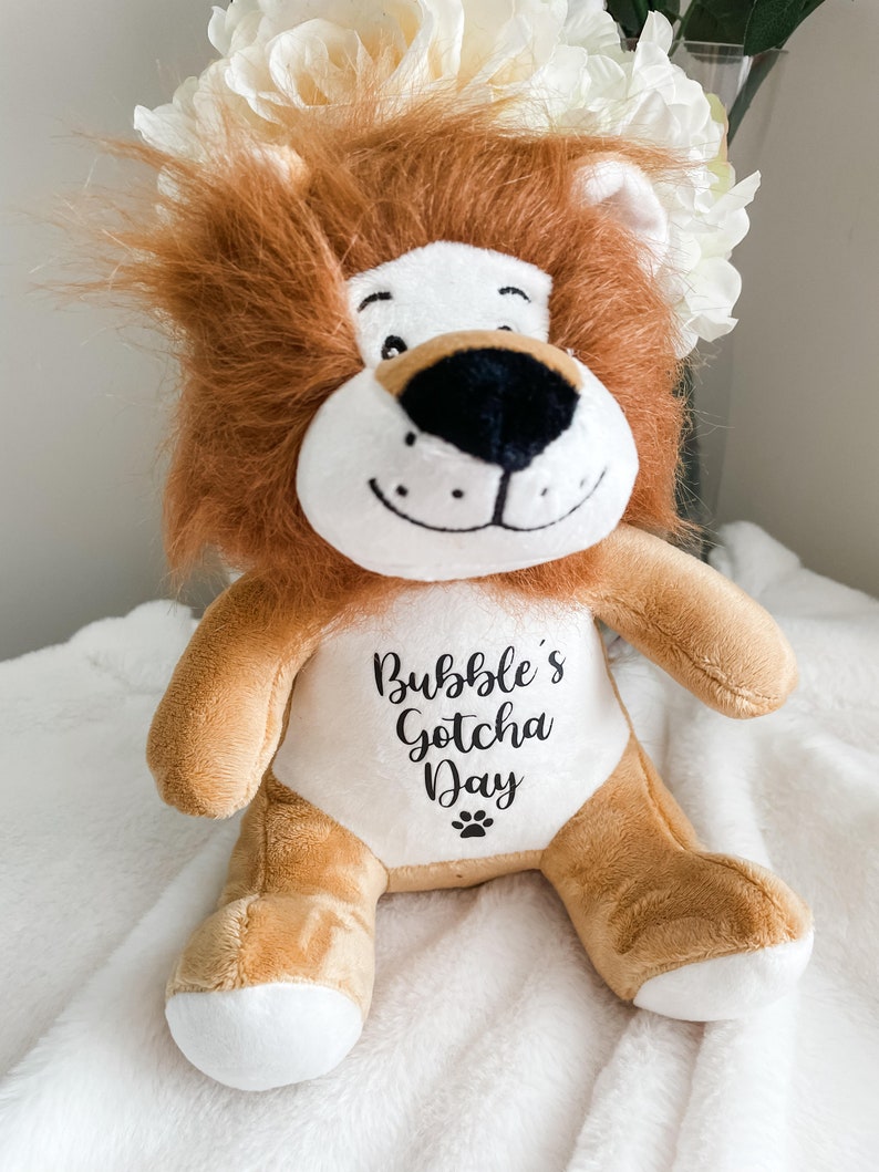 Plush personalised dog toy for gotcha day gift, styled in a cosy home setting, dog birthday gift.