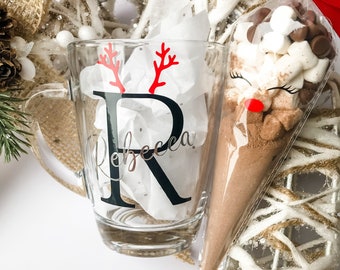 Christmas Reindeer Antler Initial & Name Mug, Personalised Hot Chocolate Mug, Glass Mug, Christmas Reindeer Mug, Hot Chocolate Cone