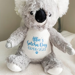 Custom dog adoption toy personalised with name and gotcha day date, custom dog name teddy.