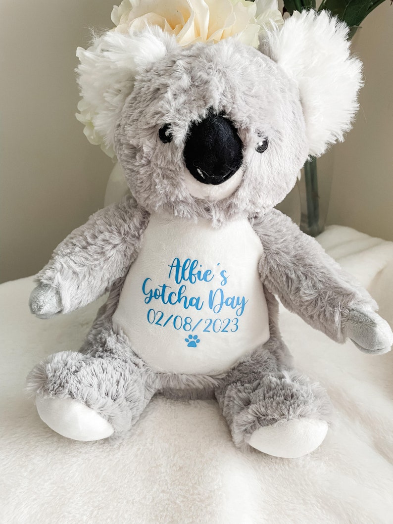 Custom dog adoption toy personalised with name and gotcha day date, custom dog name teddy.
