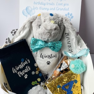 Personalised Dog Birthday Gift Hamper: Bunny Toy, Treat Cone & Blue Accessories, Custom Dog Present