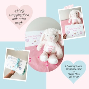 Personalised dog toy gift wrapping option, item wrapped in tissue paper with gift card and satin bow wrapped around to finish, instructions on how to add gift wrap at checkout, customisable gift wrap colours available, dog gotcha day gift.