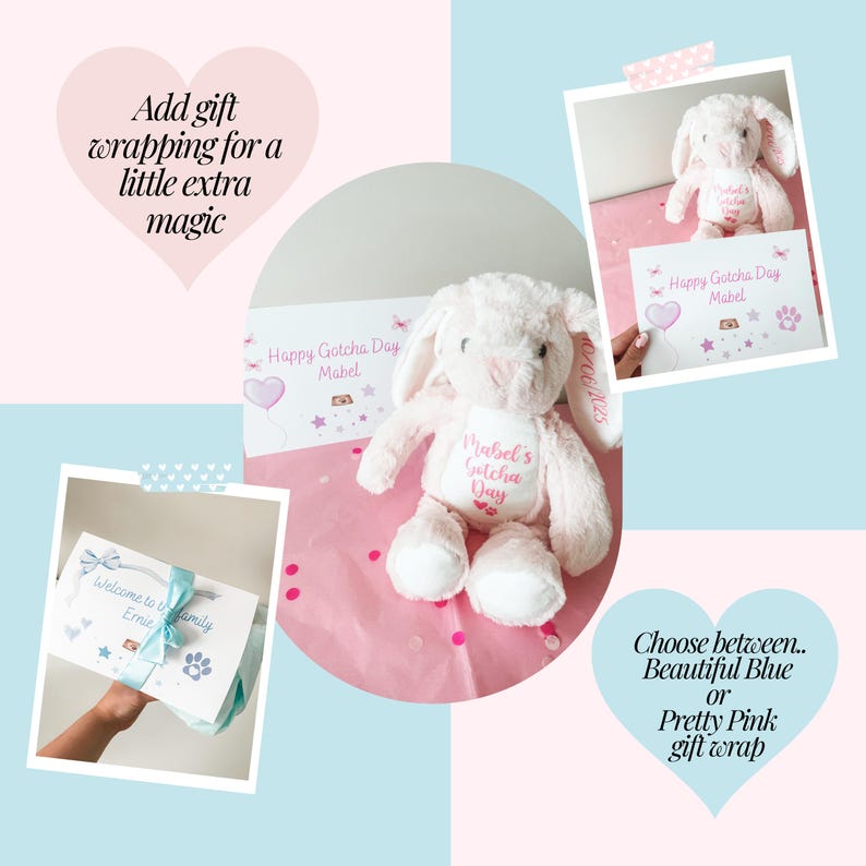 Personalised dog toy gift wrapping option, item wrapped in tissue paper with gift card and satin bow wrapped around to finish, instructions on how to add gift wrap at checkout, customisable gift wrap colours available, dog gotcha day gift.