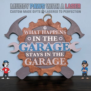 What Happens In the Garage Stays in the Garage Door Hanger Sign - Father&#39;s Day - Birthday - Christmas Handmade Gift - Man Who Has Everything