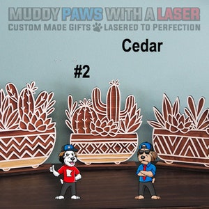 May include: Three wooden succulent planter designs with the text "#1", "#2", and "#3" above each planter. The planters are made of cedar wood and feature a variety of succulent designs. The text "MUDDY PAWS WITH A LASER" and "CUSTOM MADE GIFTS LASERED TO PERFECTION" is at the top of the image. The text "Cedar" is in the center of the image.