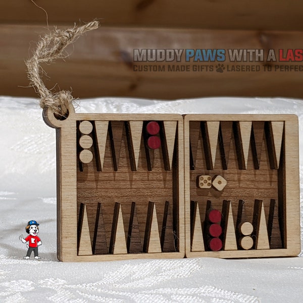 Miniature Wood Backgammon Christmas Ornament! Mini 3D ornament - Backgammon Player - Red White Chips with Wood Dice attached! Handmade Gift