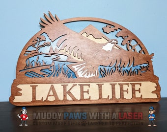 Last One! Lake Life Flying Eagle Scenic Mountain Boat Welcome Indoor Laser Engraved Wood Sign - Gift Dads Grandparents Birthday Cabin Camper