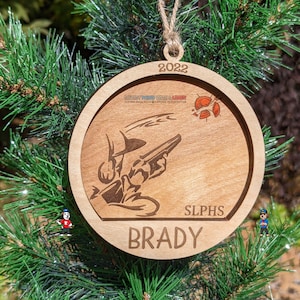 Personalized Trapshooting Skeet Wood Christmas Ornament - High School Initials Sporting Clay Shot Gun - College League Play Stocking Stuffer