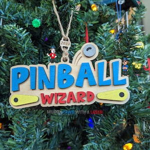 Miniature Pinball Wizard Christmas Ornament! Santa Xmas Stocking Stuffer - Tilt Magic Fingers - Wood Sign Machine League Tourney Girl Play