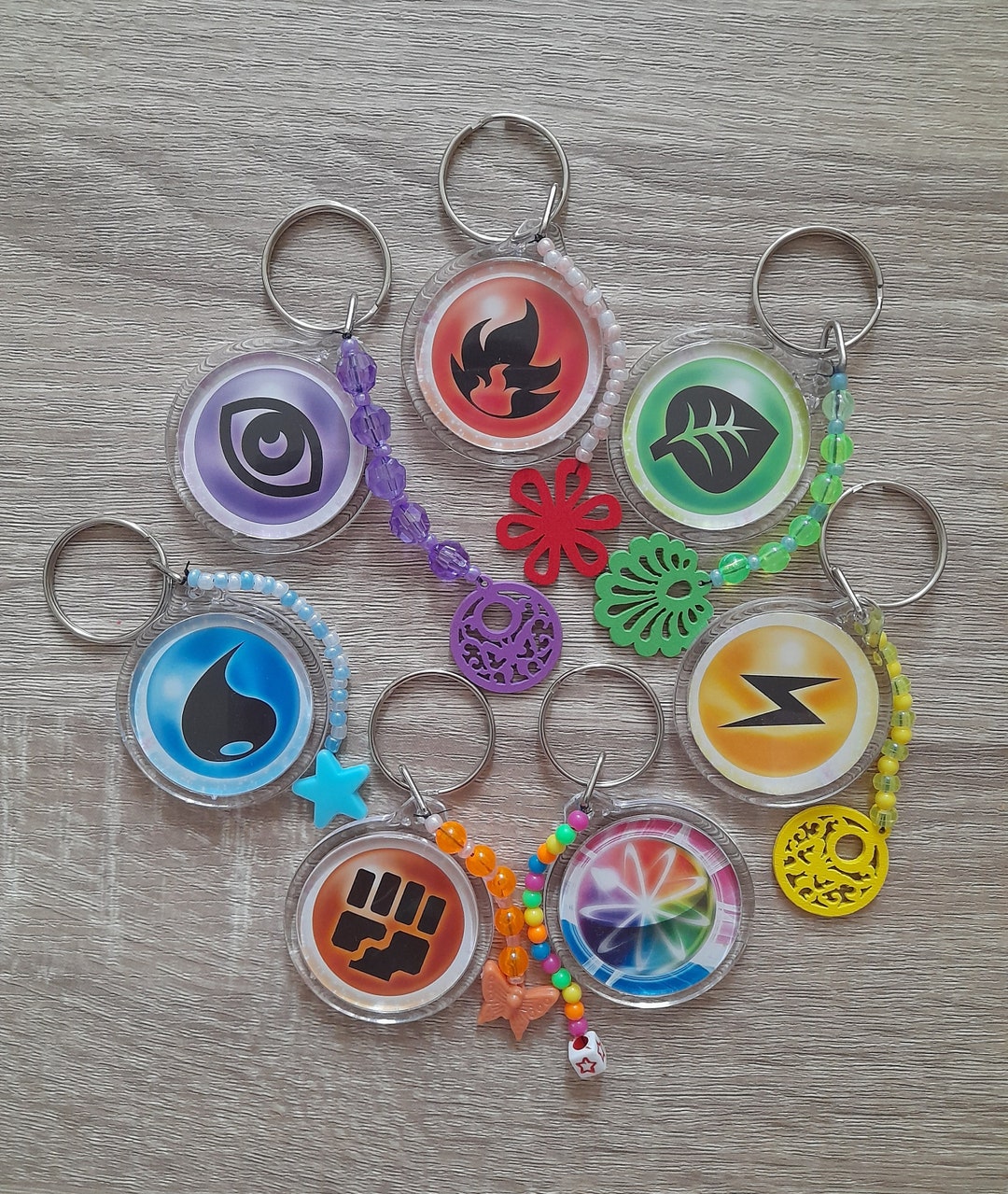Pokémon Circle Keyring Pokemon Keychain Charm OOAK Handmade Fanart Double Sided Grass Fire Water
