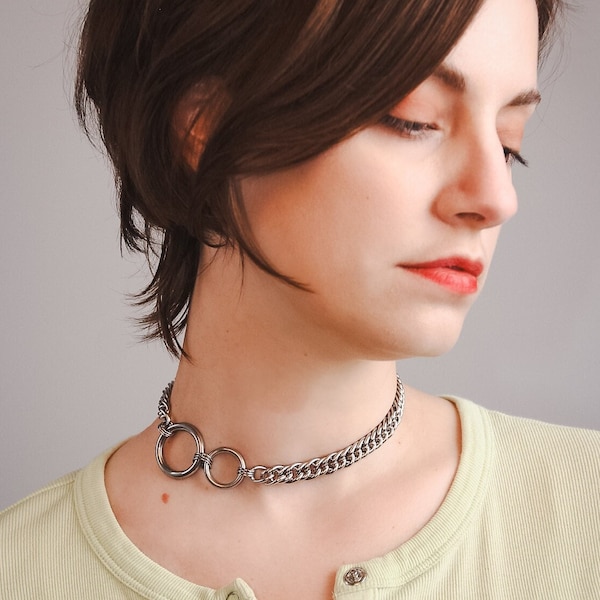 Double O Ring Curb Chain Necklace • Stainless Steel Alt Choker Necklace • Kenna, #CNK111