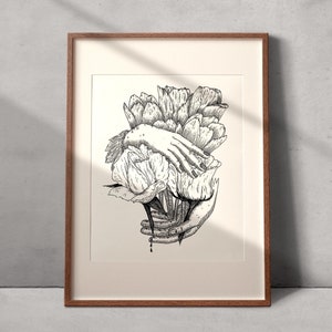 Stampa artistica da parete: disegno a penna e inchiostro / illustrazione dettagliata con linee curve - illustrazione botanica di rose e tulipani