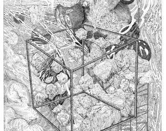 Wall Art Print: Pen and Ink Drawing | Detailed Fantasy Line Art Illustration - Sci-fi Cube