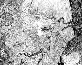Art Print: Pen and Ink Drawing | Detailed Fantasy, Surreal Line Art Illustration - Sunflower